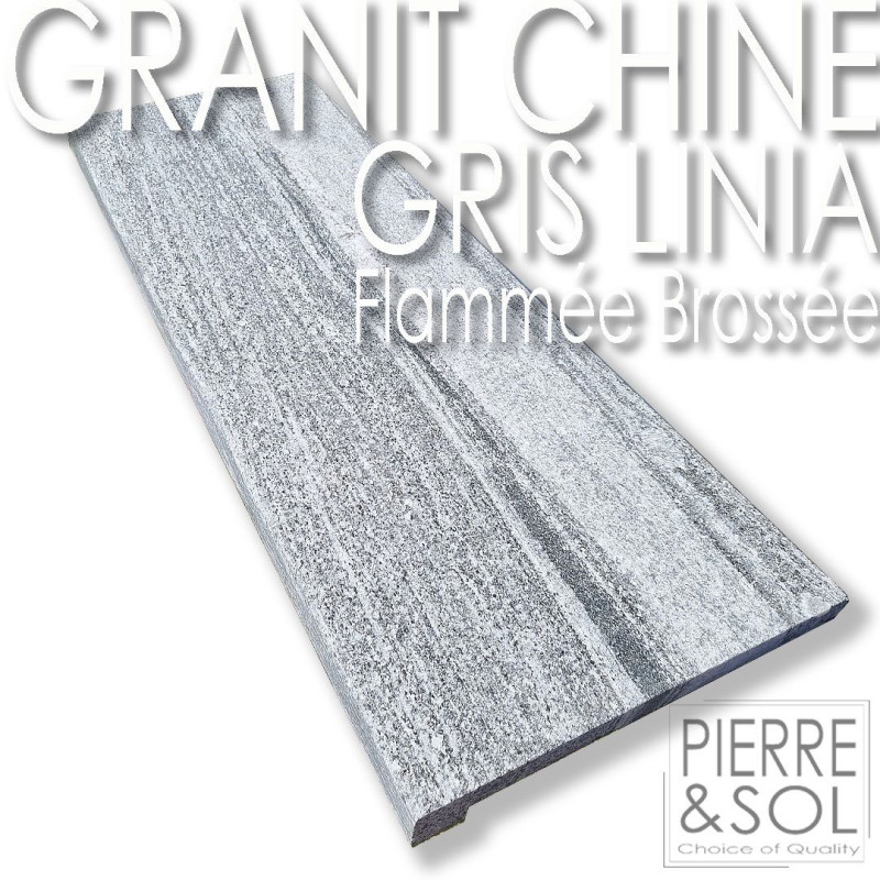 Margelle en Granit gris de Chine Linia - Flammée et Brossée - Retombée - Bord droit adouci Margelle en Granit gris de Chine Linia - Flammée et Brossée - Retombée - Bord droit adouci